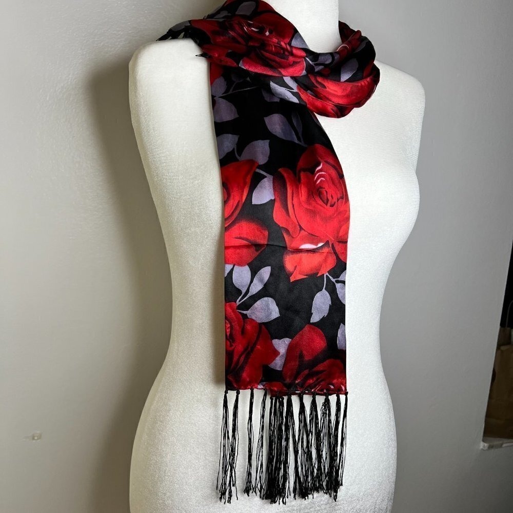 Scarf Women's 100% Silk Scarf Neckerchief Black Red Roses‎ Fringe Floral 42x10.5